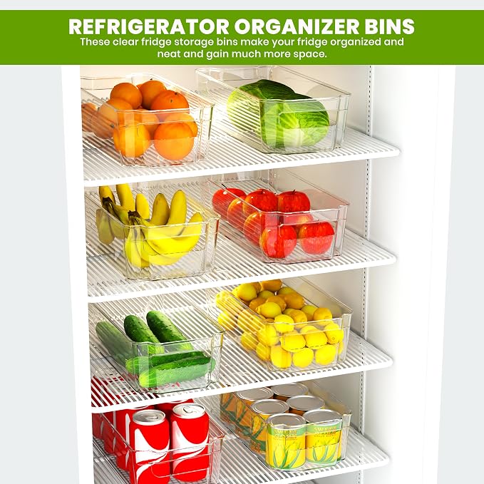 Utopia Home - Fridge & Refrigerator Organizer Bins (8 Pack), Clear Stackable Durable Plastic Storage Containers with Easy Grip Handles for Pantry, Kitchen Cabinets & Countertops (16)