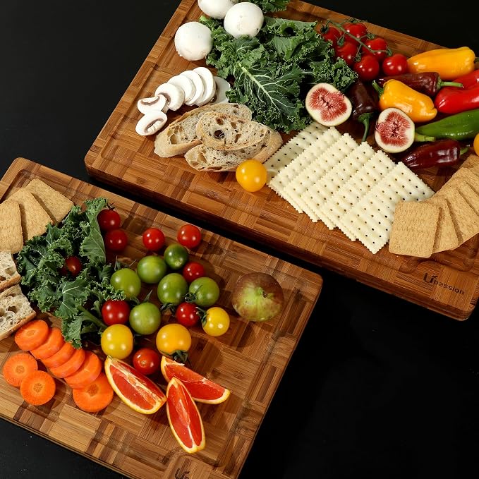 Bamboo Cutting Board Set of 2 Wooden Cutting Boards for Kitchen Wood | Heavy Duty Thick Checkered, Wooden Wood Cutting Board, Deep Juice Grooves, Non-slip Feet, 2 Pack