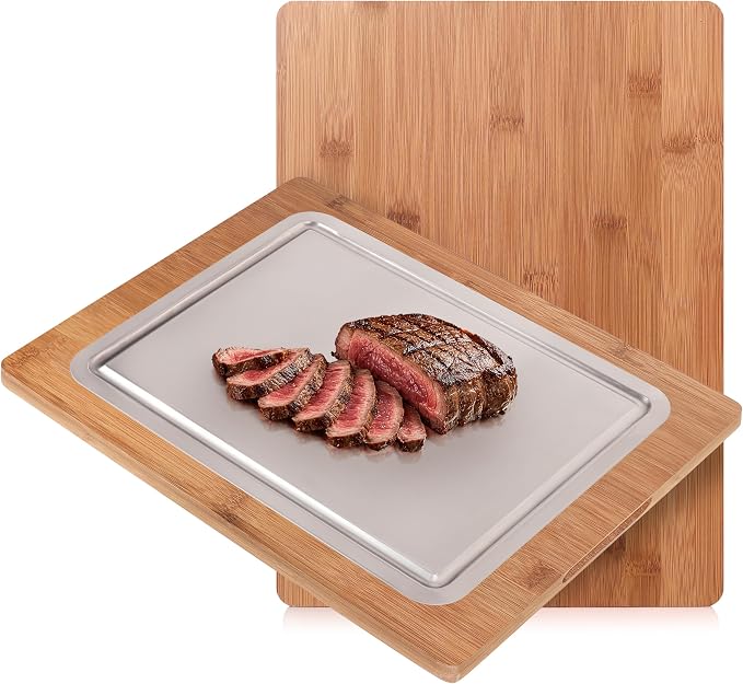 Pure Titanium Cutting Board with Bamboo, Double Sided, Microplastic Free | Knife friendly, Non-Porous, Juice groove, Handles, Chicken, Fish, Steak Cutting Board, Non-Slip, Hand Wash Easily 16x12"