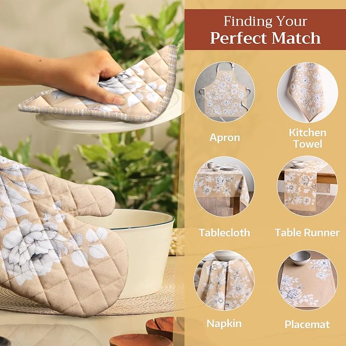 Maison d' Hermine 100% Cotton Oven Mitt & Pot Holder Set (7.5"x13" & 8"x8") | Heat Resistant BBQ Cooking Gloves with Loop Baking Grilling Kitchen Home Farmhouse Thanksgiving Christmas - Pretty Autumn