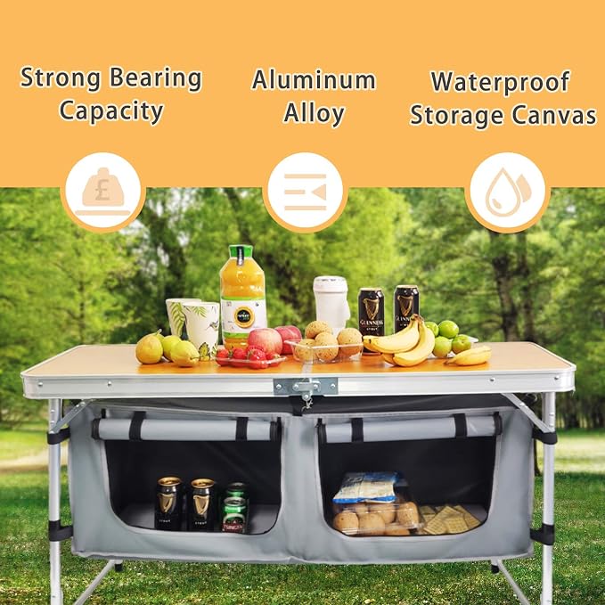 CampLand Outdoor Folding Table Aluminum Lightweight Height Adjustable with Storage Organizer for BBQ, Party, Camping