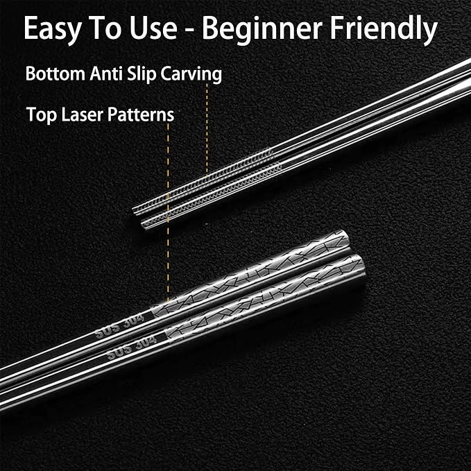 Stainless Steel Chopsticks Reusable, 5 Pairs, Silver Crack Pattern | Dishwasher Safe,18/8 Stainless Steel,Metal Chopsticks,Lightweight,Non-Slip,Laser engraving patterns