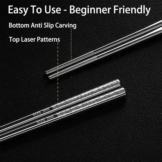 Stainless Steel Chopsticks Reusable, 5 Pairs, Silver Crack Pattern | Dishwasher Safe,18/8 Stainless Steel,Metal Chopsticks,Lightweight,Non-Slip,Laser engraving patterns