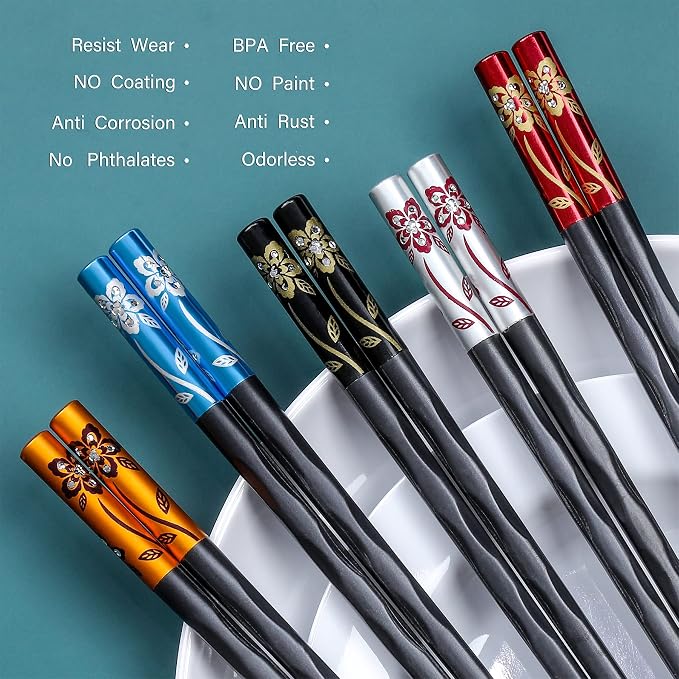 Fiberglass Chopsticks Series - Japanese Non-Slip Chopstick, Reusable Chop Sticks Dishwasher Safe, 5 Pairs, Gift Set, 9.9 Inches, Spring Flower