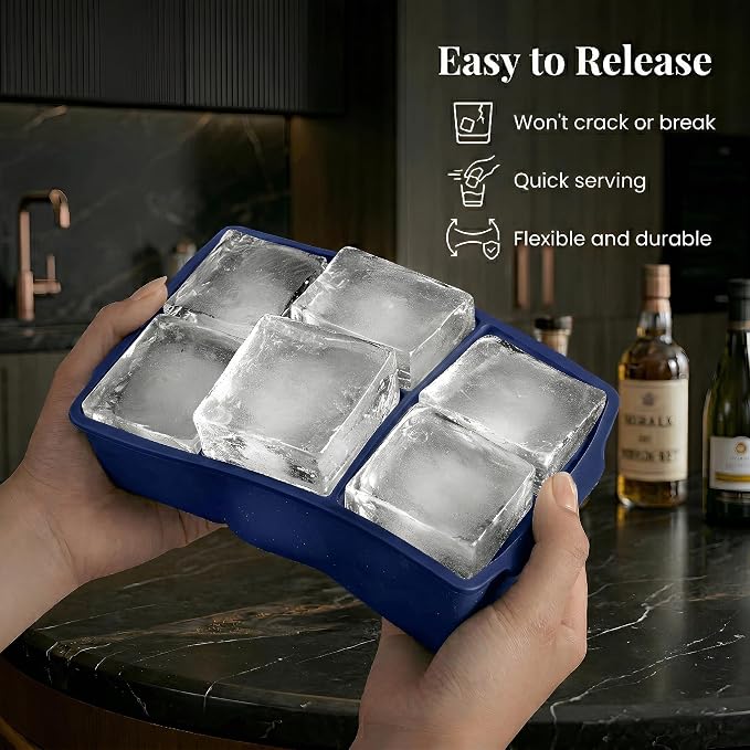 KitchFort® Large Silicone Ice Cube Tray (2-Pack), Easy Release 2" Big Ice Cubes - Cocktail, Whiskey Ice Cubes Mold - Ice Trays for Freezer with Lid - Stackable Silicone Ice Tray - Navy Blue