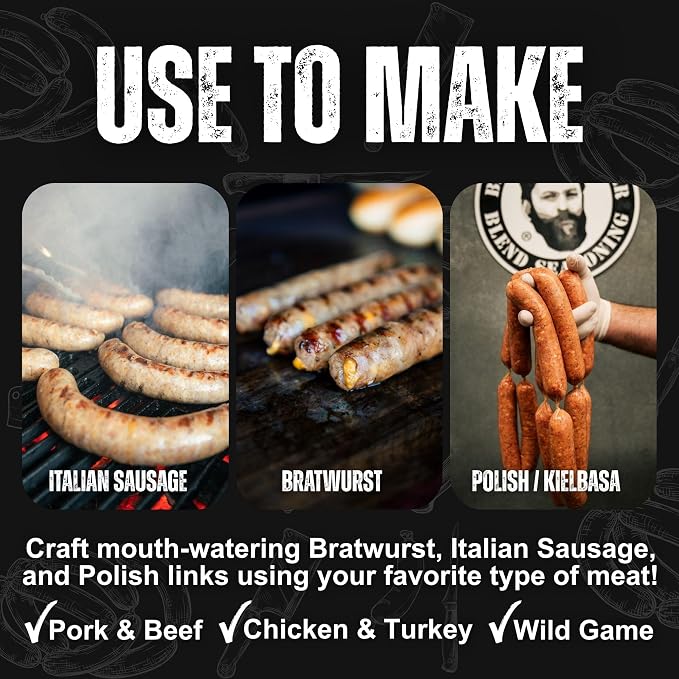 Bearded Butchers Natural Hog Sausage Casings 32-35mm, Edible Pre-Flushed | Stuffs 25-30 lbs, natural snap & bite, resealable brine bag, for bratwurst, Italian sausage, kielbasa, hot dogs, Polish