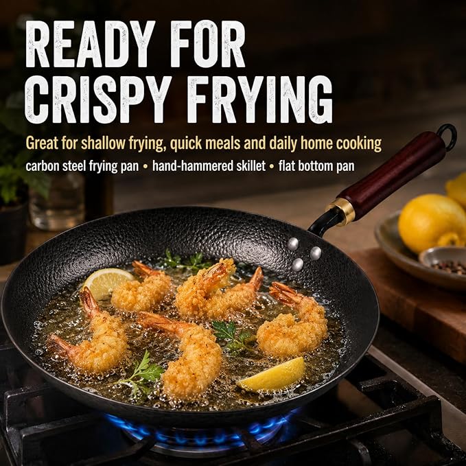 Calmabode 10.5" Hand Hammered Carbon Steel Skillet for Searing | Uncoated surface; removable handle for oven use, smoother food release with seasoning, and compatibility with all stovetops.