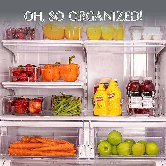 Oizeir Refrigerator Organizer Bins - Clear Plastic, Stackable, Narrow and Wide Bin Sizes, Egg Tray with Lid. Great Storage for Fridge, Cabinets, Countertops and Pantry. (Set of 12)