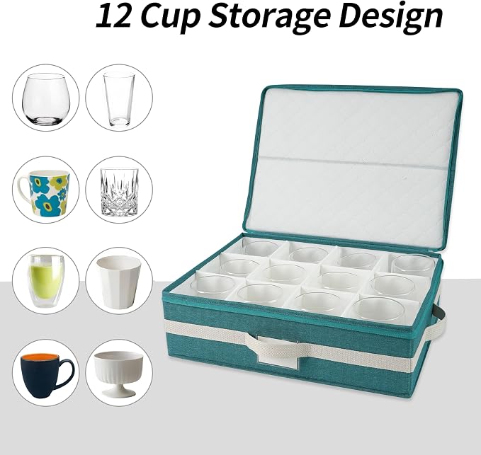 Mug Storage Box with Divider, Tea Cup and Coffee Mug Storage Container with Zipper Cover and Reinforced Handle, Hard Shell, Stackable, Foldable, Green White
