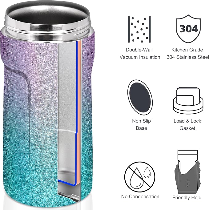 3 In 1 Insulated Universal Can Cooler - Signice Double Walled Vacuum Insulator Stainless Steel Slim Can Cooler for 12 Oz Skinny Tall Standard Regular Can Beer Bottle (Glitter Purple Blue)