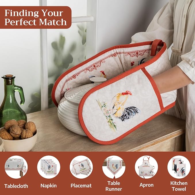 Maison d' Hermine Double Oven Mitts 100% Cotton Double Oven Glove (7"x35") | Heat Resistant BBQ Cooking Gloves with Loop Baking Grilling Kitchen Hotel Home Farmhouse Spring Summer - Campagne