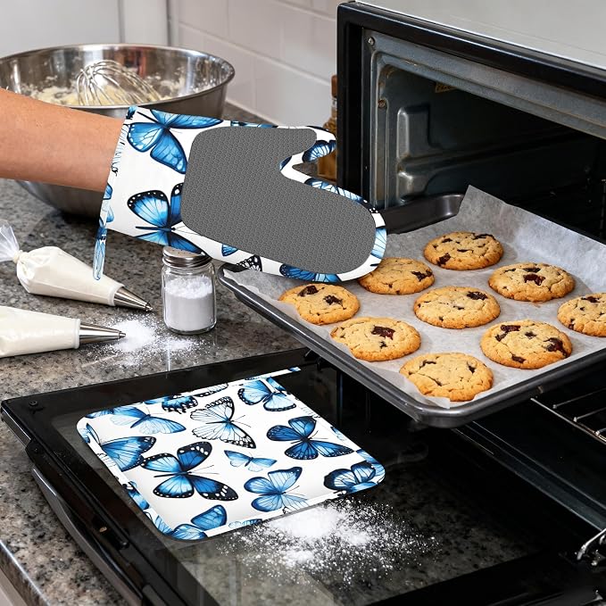 Blue Butterfly Heat-Resistant Silicone Oven Mitts and Pot Holder 4 Piece Set,Non-Slip Kitchen Oven Gloves for Baking, BBQ, Cooking,Grilling