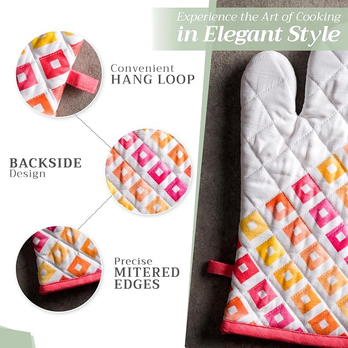 Maison d' Hermine 100% Cotton Oven Mitt & Pot Holder Set (7.5"x13" & 8"x8") | Heat Resistant BBQ Cooking Gloves with Loop Baking Grilling Kitchen Hotel Home Farmhouse Spring Summer - Summer Maze