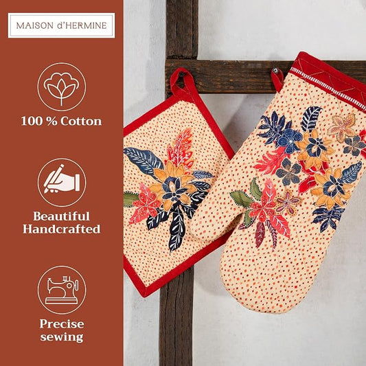 Maison d' Hermine 100% Cotton Oven Mitt & Pot Holder Set (7.5"x13" & 8"x8") | Heat Resistant BBQ Cooking Gloves with Loop Baking Grilling Kitchen Hotel Home Farmhouse Thanksgiving Christmas - Kalahari