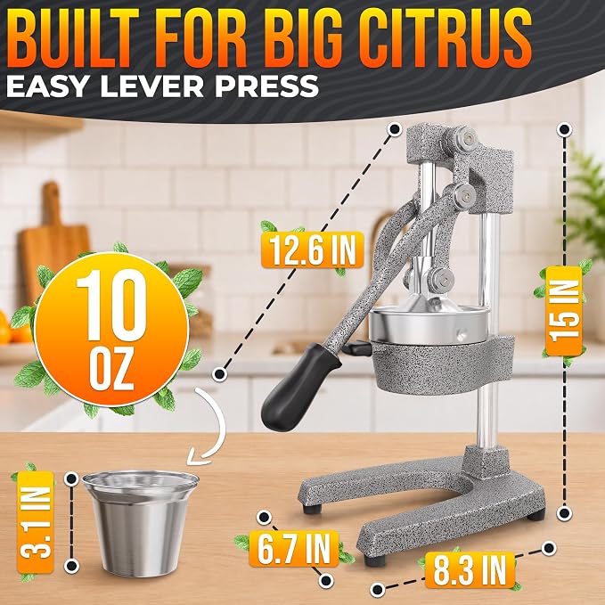 Cast Iron Juicer Hand Press, Heavy-Duty Squeezer, 304 Stainless Steel Bowl – One Pull Extracts Full Juice – Manual Citrus Press Juicer & Orange Squeezer for Lemon, Lime & Lemonade at Home Bar (Silver)
