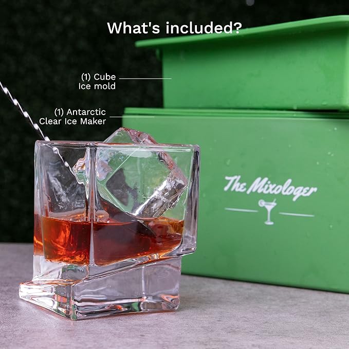 The Mixologer Clear Ice Maker - Antarctic Set of 8 Cube Molds - Craft Ice Maker for Whiskey, Cocktails & Bourbon - Clear Ice Mold, No Distilled Water Needed, Gift for Bartenders & Home Mixologists