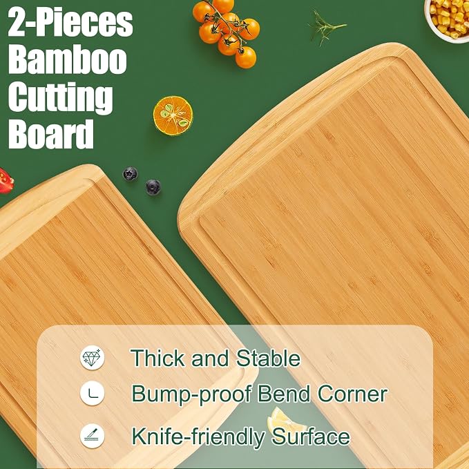 Homaxy Bamboo Cutting Boards for Kitchen Set of 2, Two-Tone | Wood Cutting Board with Juice Groove, Butcher Block Chopping Board for Kitchen, Meat, Fruit & Vegetables, Pre Oiled