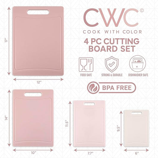 COOK WITH COLOR Non-Slip Cutting Board Set – Kitchen Essentials with Easy Grip Handle for Meat, Veggies, and Fruits, 4 Cutting Boards, Pink