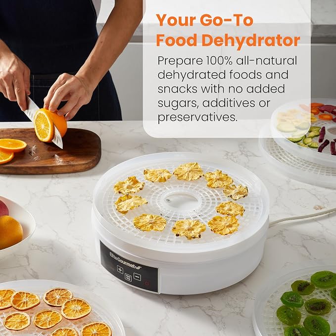Elite Gourmet EFD770WD Digital Food Dehydrator, 5x12.5" Trays, 48-Hr, White | BPA-free trays - adjustable temp 95-158F - makes jerky, herbs, fruit, veggies & dried snacks - also great for meat