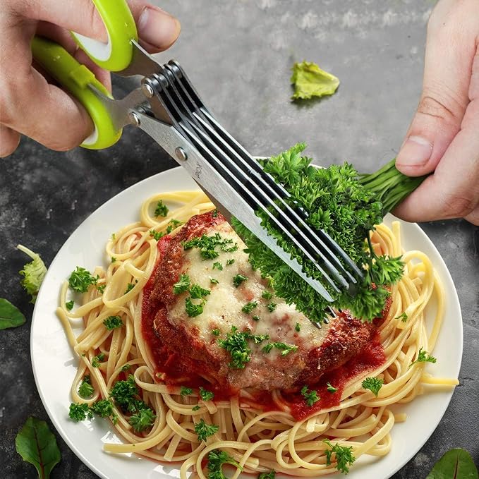X-Chef Multipurpose 5 Blade Herb Scissors | Kitchen Herb Shears Herb Cutter with Safety Cover and Cleaning Comb for Chopping Basil Chive Parsley (Green)
