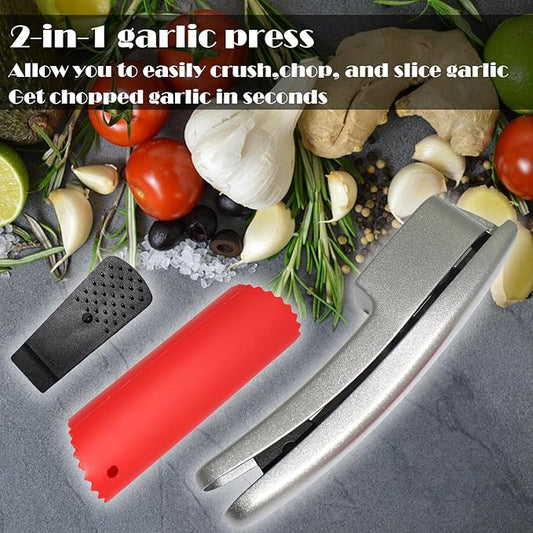 QPQ 2-in-1 Professional Garlic Press and Peeler Set, Aluminum Kitchen Tool with Built-in Cleaner, Manual Crusher and Mincer for Unpeeled Garlic Cloves,Fast And Portable Garlic Peeler