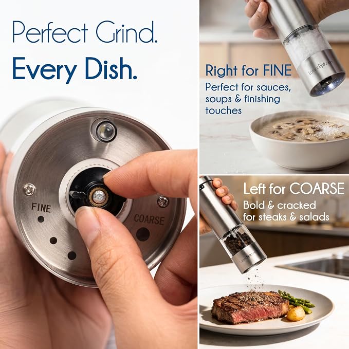 Latent Epicure Electric Salt and Pepper Grinder Set, USB-C Rechargeable | Stainless steel mills with LED light, Adjustable ceramic grinders, One-handed use, Rest tray & gift box included