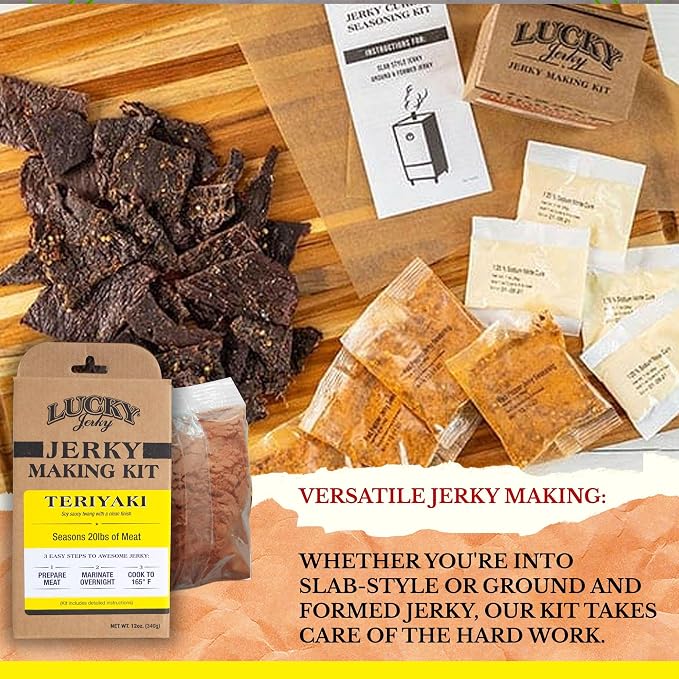 Lucky Jerky Teriyaki DIY Beef Jerky Seasoning and Cure Kit, 12 Oz | Make Your Own Teriyaki Beef Jerky at Home, Traditional Not Overly Sweet Flavor, Seasons 20 lbs of Meat