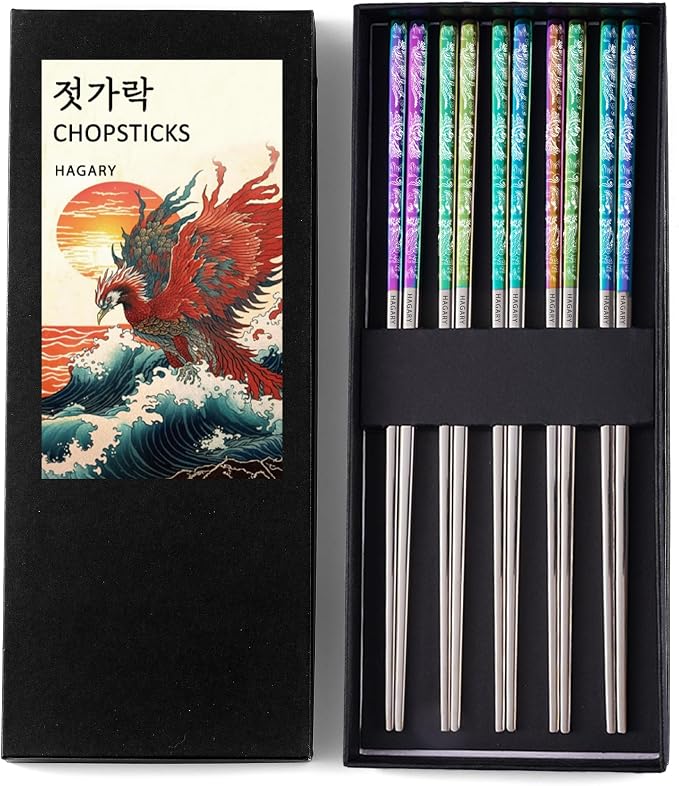 Phoenix Chopsticks Metal Reusable Designed In Korea Japanese Style Stainless Steel 316 18/10 Non-Slip Dishwasher Safe Laser Etched (Rainbow - 5 Pairs)