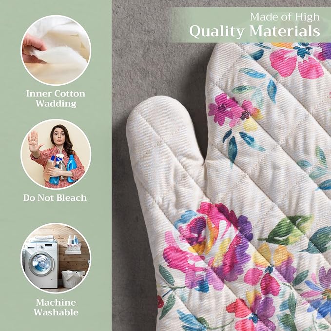 Maison d'Hermine Oven Gloves 100% Cotton Oven Mitt (7" x 13", Pack of 1) | With Loop Heat Resistant BBQ Cooking Gloves Baking Grilling Kitchen Handling Hot Pans Spring Summer - Rose Garden
