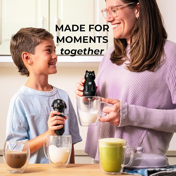 Zulay Kitchen Cat Milk Frother Wand – Cutesy Frother, Meet Your New Frothing Buddy Midnight The Cat, Adoption Papers and Stickers Included, Purrr-fect for Lattes, Cappuccino & Matcha – Black