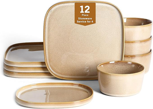 Stone Lain Cairo 12-Piece Dinnerware Set Stoneware, Plates and Bowls Set, Microwave and Dishwasher Safe, Includes Dinner and Salad Plates, Cereal Bowls, Dishes for 4, Sand