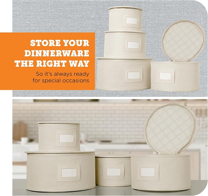 storageLAB 4-Piece China Plate Storage Set | Hard Shell Dividers | Cream | 4 hard shell plate cases - dinner, salad, dessert & saucer, 12 plates each. Felt dividers, stackable. Cream finish.