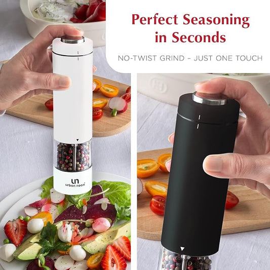 urban noon Electric Salt and Pepper Grinder Set (2 Mills, 8.1" Tall) - One-Handed Push-Button Mills with LED Light, Adjustable Ceramic Coarseness, Gift-Ready Box, 1-Year Warranty - Black & White