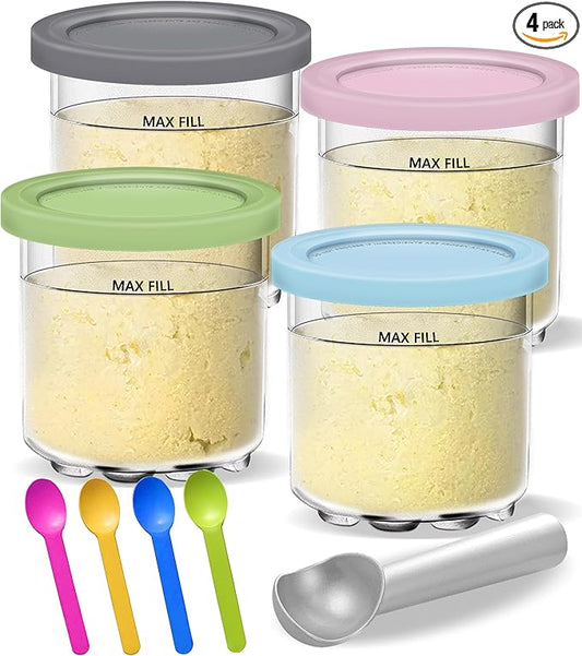 Creami Pints and Lids for Ninja - 4 pack Creamy Icecream Containers Cups Jars Tubs Canisters Set, Smoothie Pot Compatible with NC299AMZ & NC300s Series Creamer Ice Cream Maker Machine Accessories