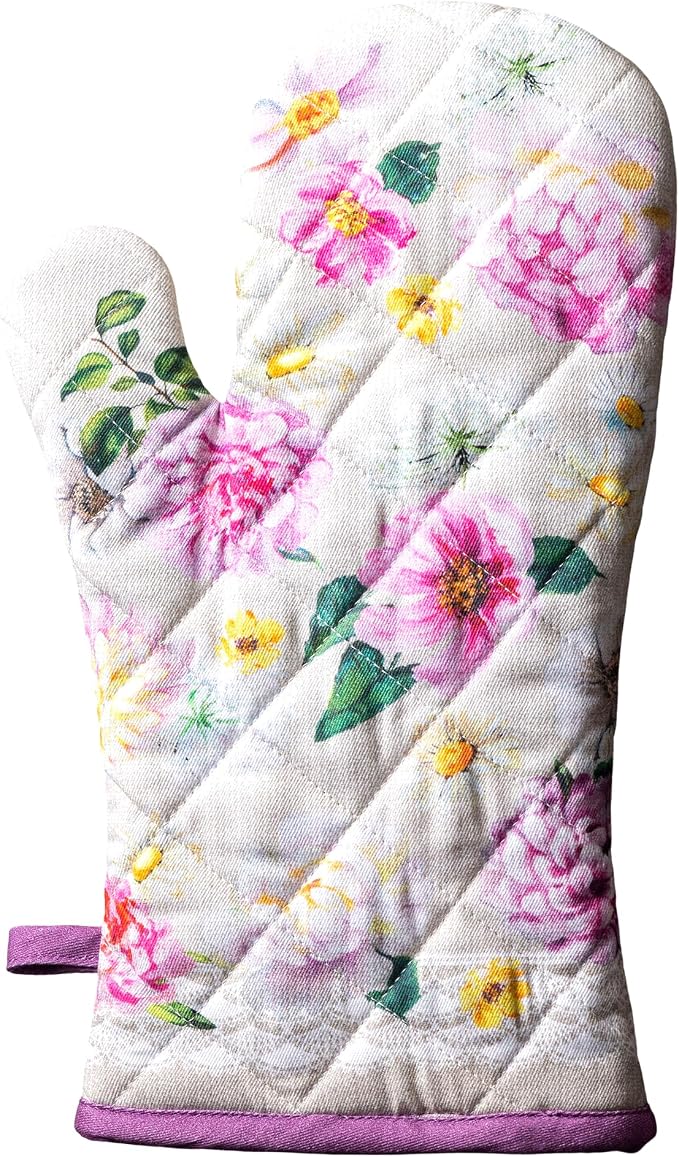 Maison d'Hermine Oven Gloves 100% Cotton Oven Mitt (7" x 13", Pack of 1) | With Loop Heat Resistant BBQ Cooking Gloves Baking Grilling Kitchen Handling Hot Pans Spring Summer - Pivoine