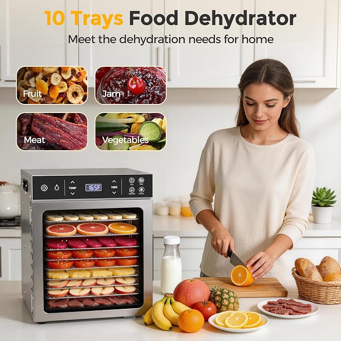 Suteck 400W Food Dehydrator with 10 Trays for Jerky, Fruit, Veg, Meat | Stainless Steel, 4 Presets, Strong Dual Fans & 360° Airflow, 85°F–195°F, 48H Timer, Built-in Light, Quiet
