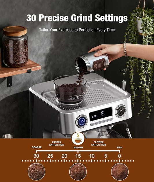Kndko Double Boiler Espresso Machines with Built-in 30 Grind Settings, 20 Bar Stainless Steel Coffee Maker with Milk Frother Steam Wand, Barista Espresso Maker for Home Cappuccino Latte & Americano