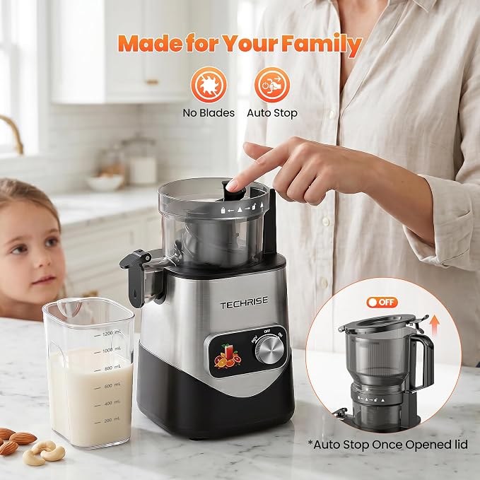 TECHRISE Cold Press Juicer – 6" Wide Chute Fits Whole Fruits & Veggies, Slow Juicer with Ice Cream Maker, 300W Motor, Easy Cleanup, Blade-Free Safety – Bring the Goodness Home for Your Family