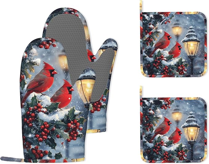 Christmas Berries Heat-Resistant Silicone Oven Mitts and Pot Holder 4 Piece Set,Cardinal Non-Slip Kitchen Oven Gloves for Baking, BBQ, Cooking,Grilling