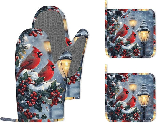 Christmas Berries Heat-Resistant Silicone Oven Mitts and Pot Holder 4 Piece Set,Cardinal Non-Slip Kitchen Oven Gloves for Baking, BBQ, Cooking,Grilling