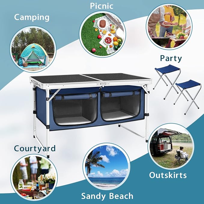 CampLand Outdoor Folding Table Aluminum Lightweight Height Adjustable with Storage Organizer for BBQ, Party, Camping