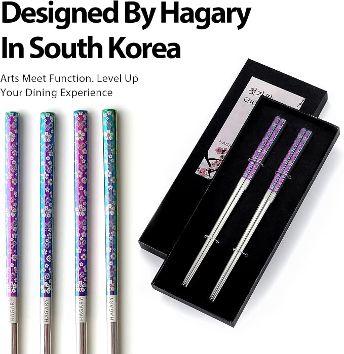 Hagary Cherry Blossom Rainbow Chopsticks Metal Chopsticks Reusable Designed In Korea Japanese Style Stainless Steel 316 18/10 Non-Slip Dishwasher Safe (2 Pairs)