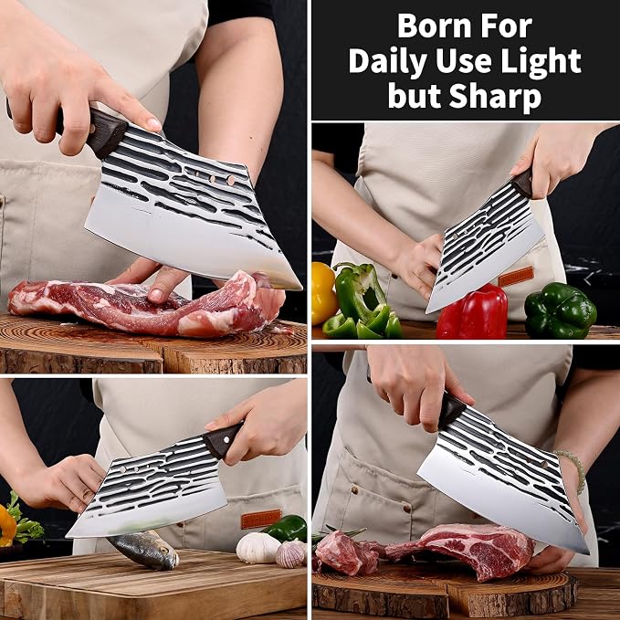 SHI BA ZI ZUO Butcher Knife Forged Cleaver Knife Ultra Sharp Kitchen Knife Chef Knife for Meat Cutting with Wooden Handle