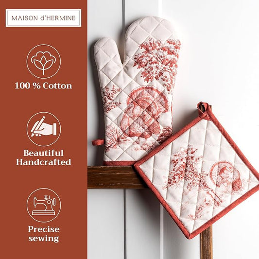 Maison d' Hermine 100% Cotton Oven Mitt & Pot Holder Set (7.5"x13" & 8"x8") | Heat Resistant BBQ Cooking Gloves with Loop Baking Grilling Kitchen Home Farmhouse Thanksgiving Christmas - Holy Jouy - Red