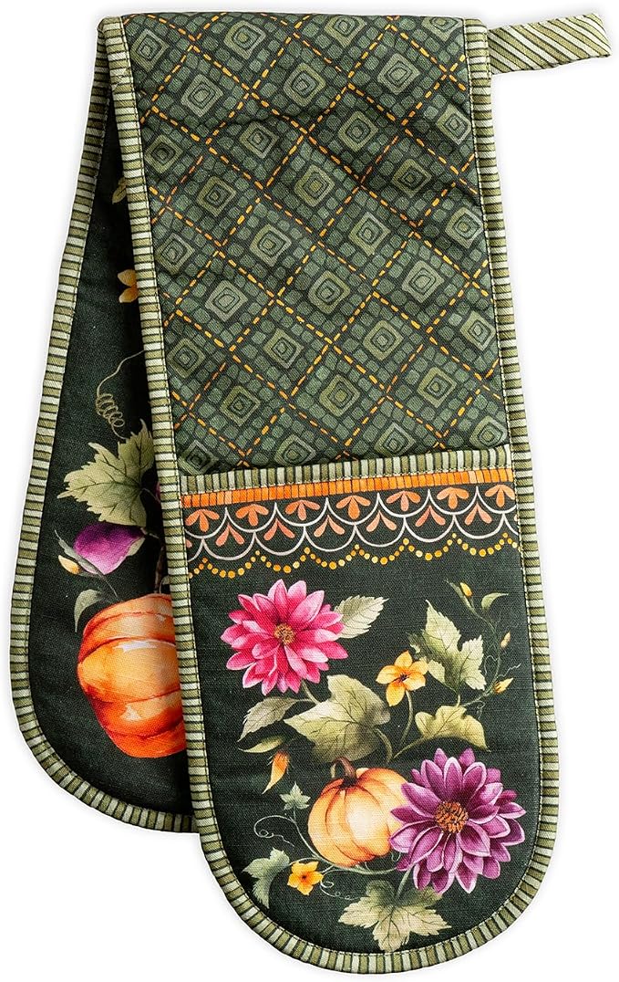 Maison d' Hermine Double Oven Mitts 100% Cotton Double Oven Glove (7"x35") | Heat Resistant BBQ Cooking Gloves with Loop Baking Kitchen Home Farmhouse Thanksgiving Christmas -Pumpkin Garden - Dark Green