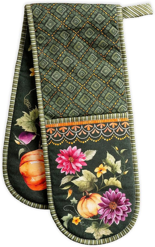 Maison d' Hermine Double Oven Mitts 100% Cotton Double Oven Glove (7"x35") | Heat Resistant BBQ Cooking Gloves with Loop Baking Kitchen Home Farmhouse Thanksgiving Christmas -Pumpkin Garden - Dark Green