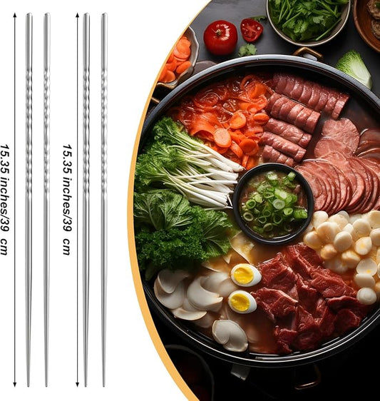 2Pcs Extra Long Cooking Chopstick 15.3" Metal Cooking Chopsticks | 304 Stainless Steel, Deep Frying, Non-Slip Thread, Reusable for Hot Pot and Noodle, Dishwasher Safe