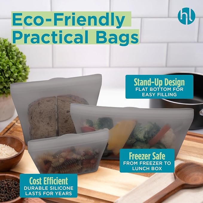 Home Logic Reusable Snack Bags - Set of 6 Alloy Grey Silicone Freezer Bags, Airtight Leak Resistant Reusable Zip Bags for Kitchen Home Food Prep, Microwave & Sous Vide Safe