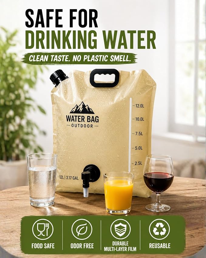 3.17 Gallon/12L Collapsible Water Container with Spigot, Foldable Water Storage Bag for Camping, RV, Emergency Preparedness & Outdoor Cooking