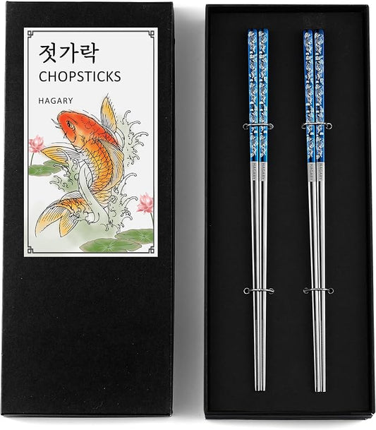 Hagary Carp Reusable Chopsticks Square Metal Stainless Steel 316 18/10 Non-Slip Dishwasher Safe Designed In Korea Japanese Style (Blue - 2 Pairs)